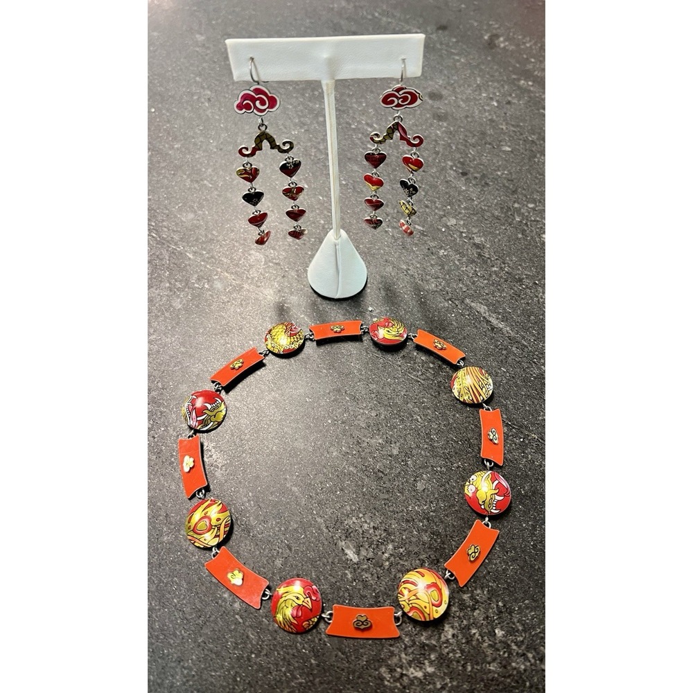 Enameled Copper Asian Inspired Artisan Handcrafted Necklace & Earrings